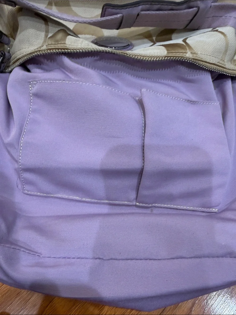 Coach Beige Signature Shoulder Bag with Lavender Trim